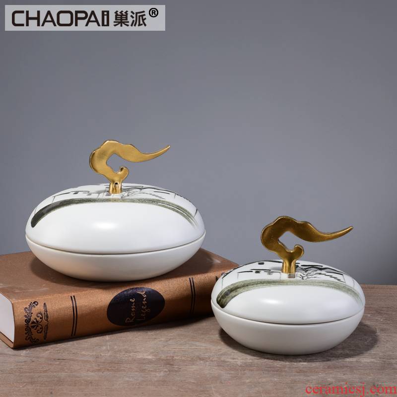 New Chinese style landscape pastoral storage tank with cover club hotel soft ceramic handicraft ornament sample room