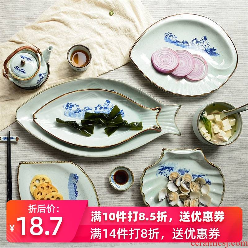 Werewolf ceramic glaze color under the idea of blue and white porcelain tableware landscape fish dish home specialty dish seafood shell plate