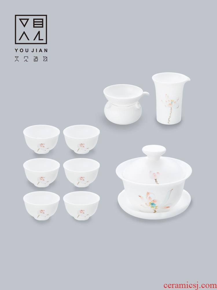 And creation of kung fu tea set the set of dehua white porcelain hand - made ceramic tureen cups the whole household