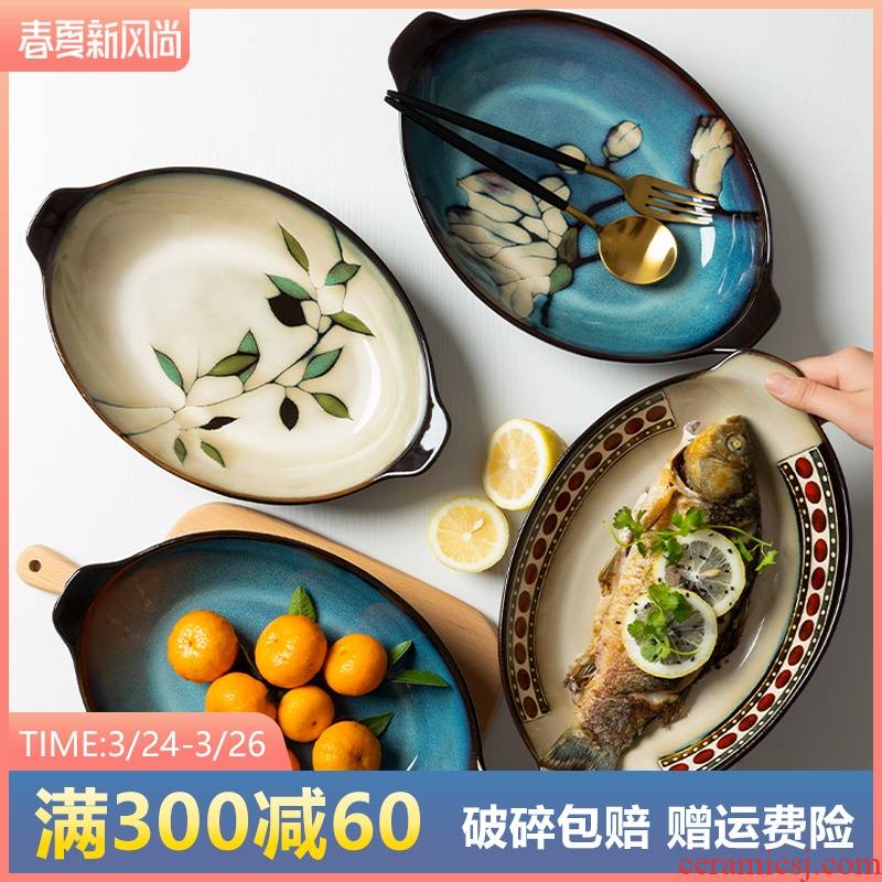 The Fish dish household creative hand - made ears disc move dish plate long oval snack plate can be heated ceramic tableware