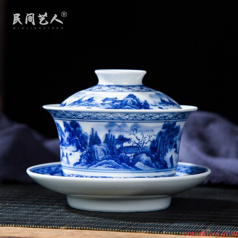 Pure manual tureen three hand blue and white porcelain of jingdezhen ceramic heavy industry use of kung fu tea cups clutching bowls