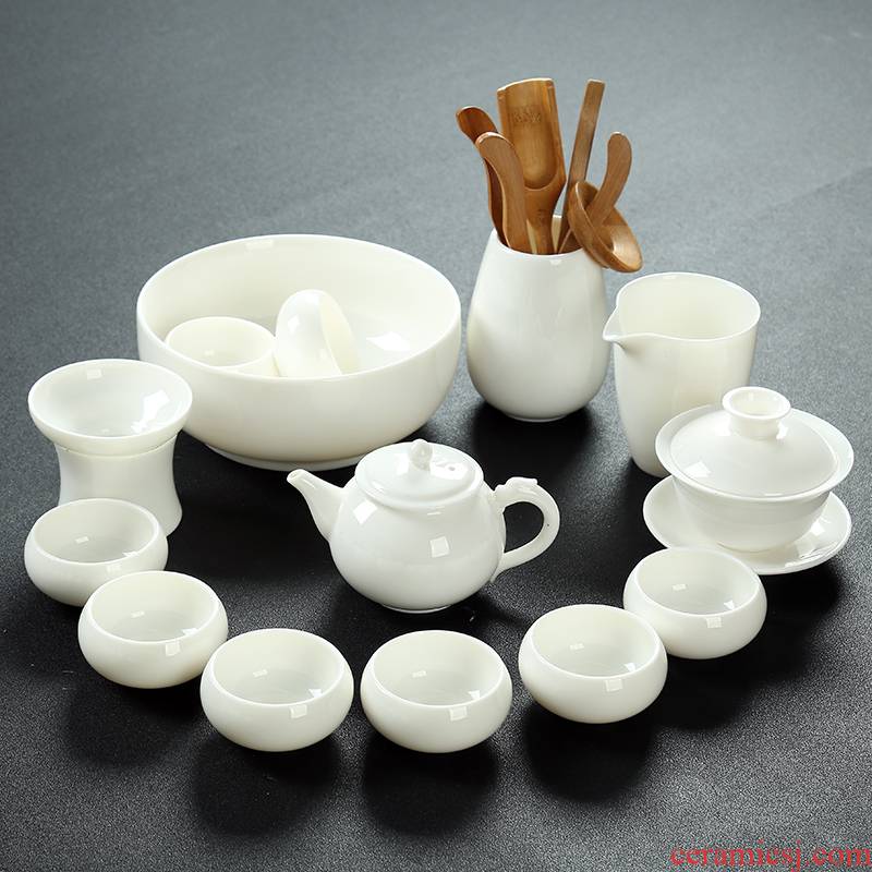 Zhuo royal kung fu tea set manually built dehua white porcelain of a complete set of suet jade glaze porcelain office home tea to wash