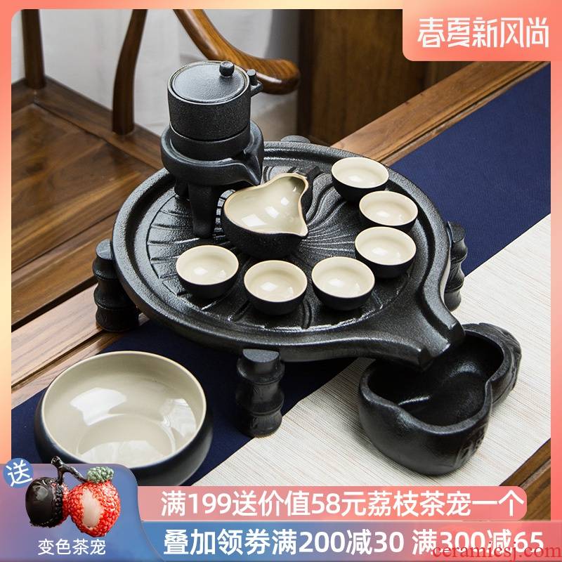 Stone mill black ceramic tea tray was suit household whole semi - automatic kung fu tea set lazy teapot cup fortunes