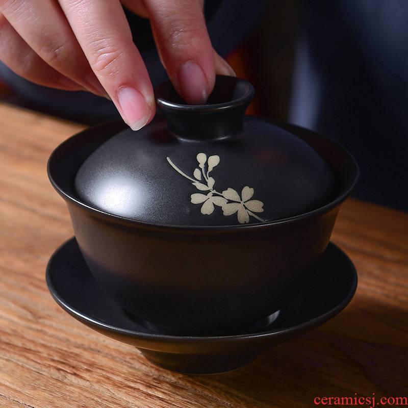 A good laugh, creative black zen wind name plum flower tea tureen household kunfu tea ceramic three tureen tea bowl