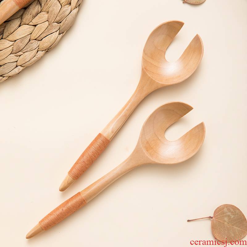 TaoDian solid wood spoon, long wooden cutlery fork spoon, run a Japanese home to take some food cooking fork baking utensils