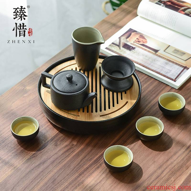 Become precious little black ceramic kung fu tea set suit small household contracted Japanese modern portable travel cup pot dry tea tray