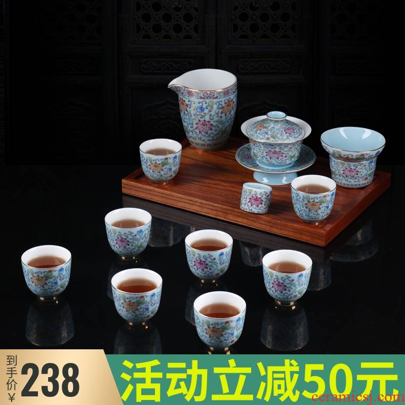 Ceramic kung fu tea set light key-2 luxury home sitting room jingdezhen tureen cups of a complete set of high - end gift box of the packed away