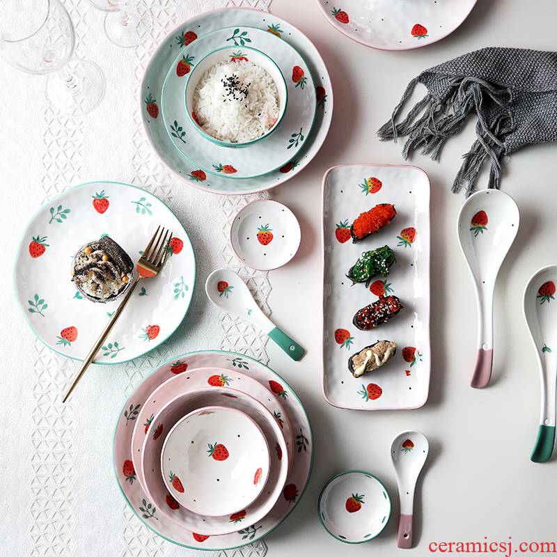 Ceramic dishes suit household creative household 2 couples hand - made strawberry web celebrity ins wind cutlery set to use chopsticks