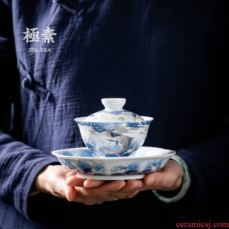 Pole element | arowana ceramic tureen blue and white porcelain cups three only three of the bowl bowl large cup of kung fu tea set