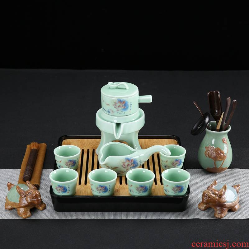 Celadon kung fu tea set automatically suit household purple sand pottery and porcelain tea sea solid wood tea tray tea taking of a complete set of accessories tea tray