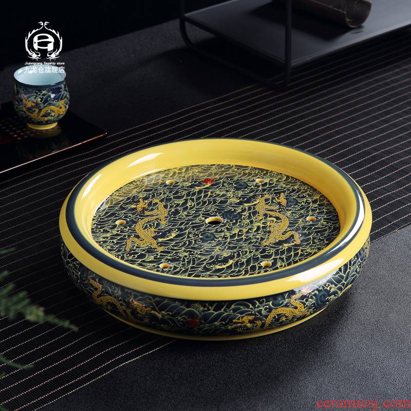 DH tea tray was jingdezhen ceramic household large double circular porcelain tea set accessories LanJinLong saucer dish single dish