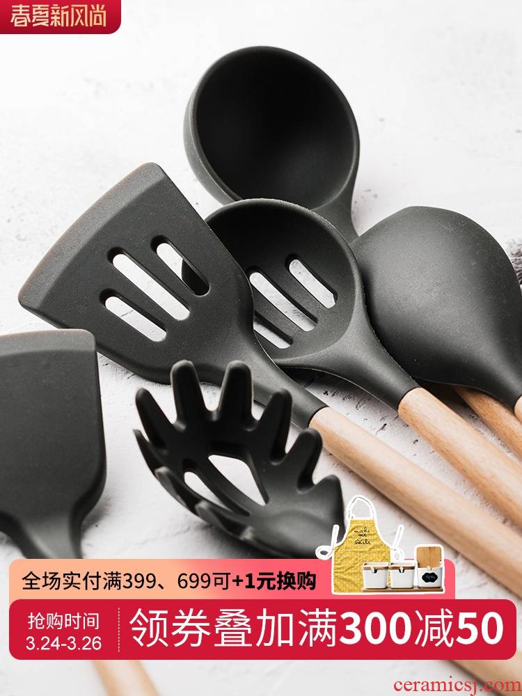 Porcelain color beauty with wooden handle, silicone spoon, run surface colander blade titanium stir - fry shovel spoon, high - temperature cooking kitchen suits for