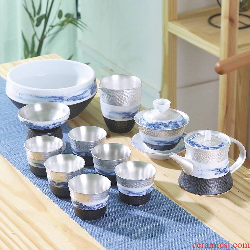 Xin yi yuan blue and white porcelain and tasted silver gilding ceramic tea set kung fu home office tea tureen tea pot