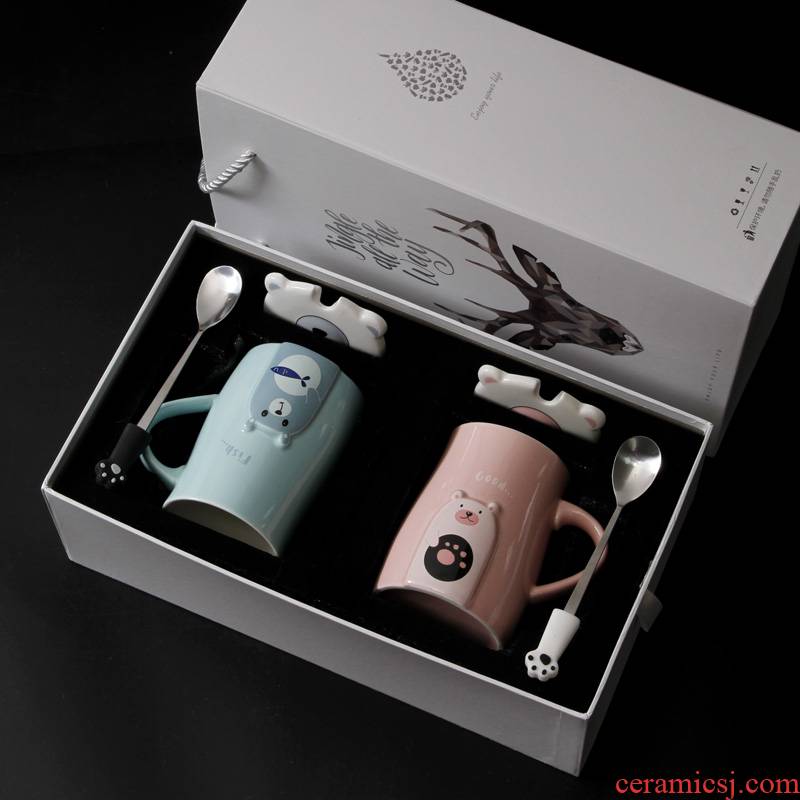 Valentine 's day gifts cups one gift box set, lovely cup keller spoon creative ceramic cup with cover