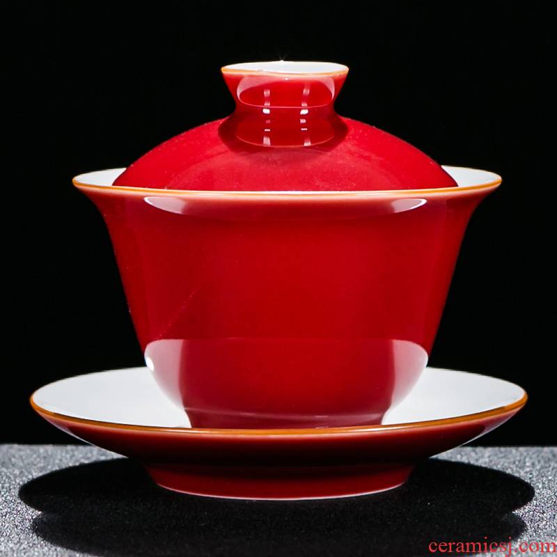 NiuRenJi red blue glaze tureen ceramic household kung fu tea set three only tureen tea bowl manual worship bowl tea cups