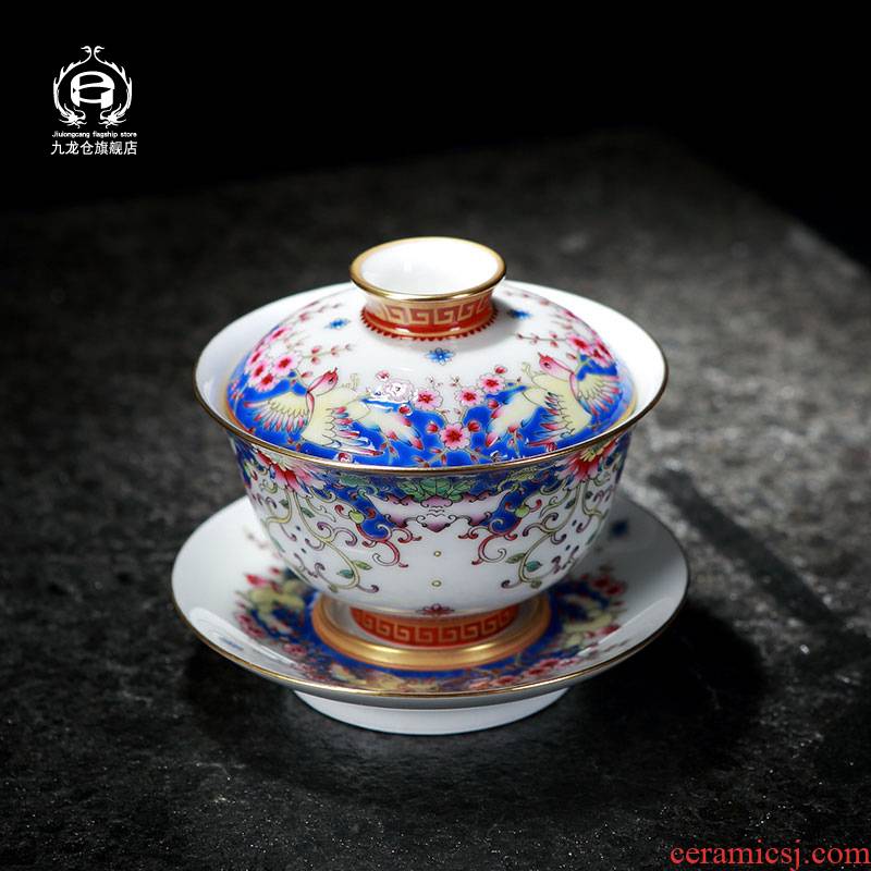 DH jingdezhen colored enamel tureen ceramic cups hand - made three bowl of tea set gift home tea bowl
