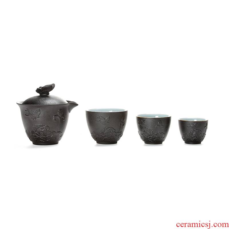 Jun ware ceramic crack a pot of three black pottery portable travel gifts zen kung fu tea set is very beautiful