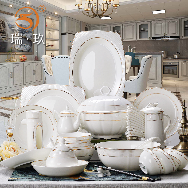 European household grade embossed gold 80 ipads porcelain tableware suit villa porcelain bowl dish dish between example combination