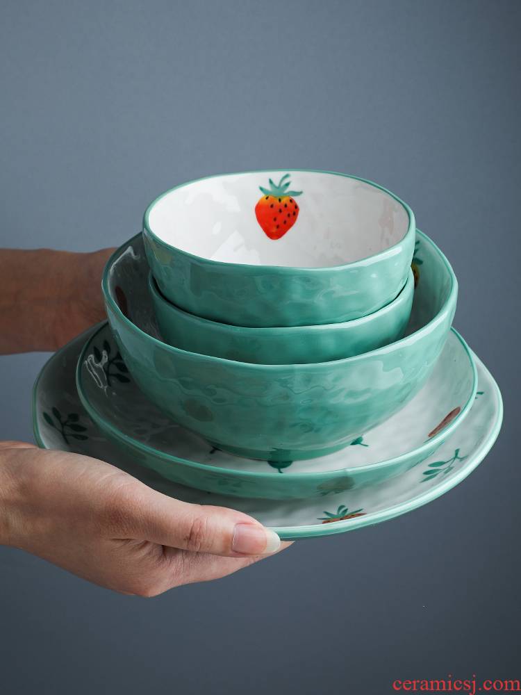 Selley web celebrity, lovely strawberry ceramic tableware suit cherry soup bowl bowl salad bowl bowl dish disk bowl of soup bowl