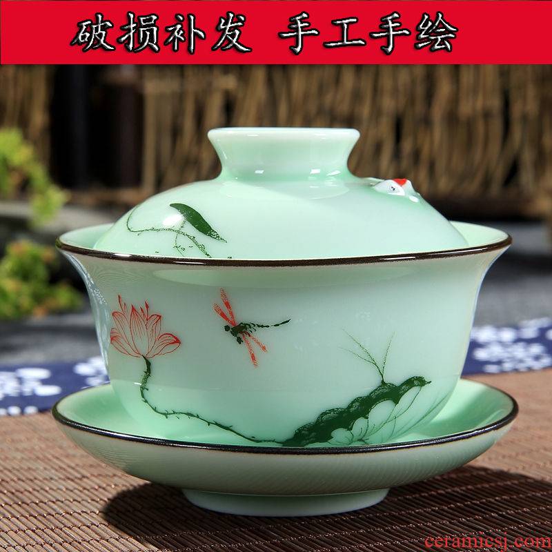Celadon tea set tureen ceramic cups hand - made worship of blue and white porcelain bowl with creative household goldfish tea cup