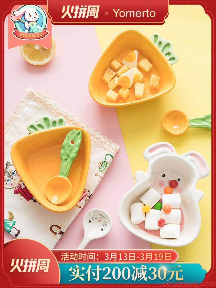 The rabbit children web celebrity suit express cartoon ceramic tableware small bowl of creative move baby bowl chopsticks home plate
