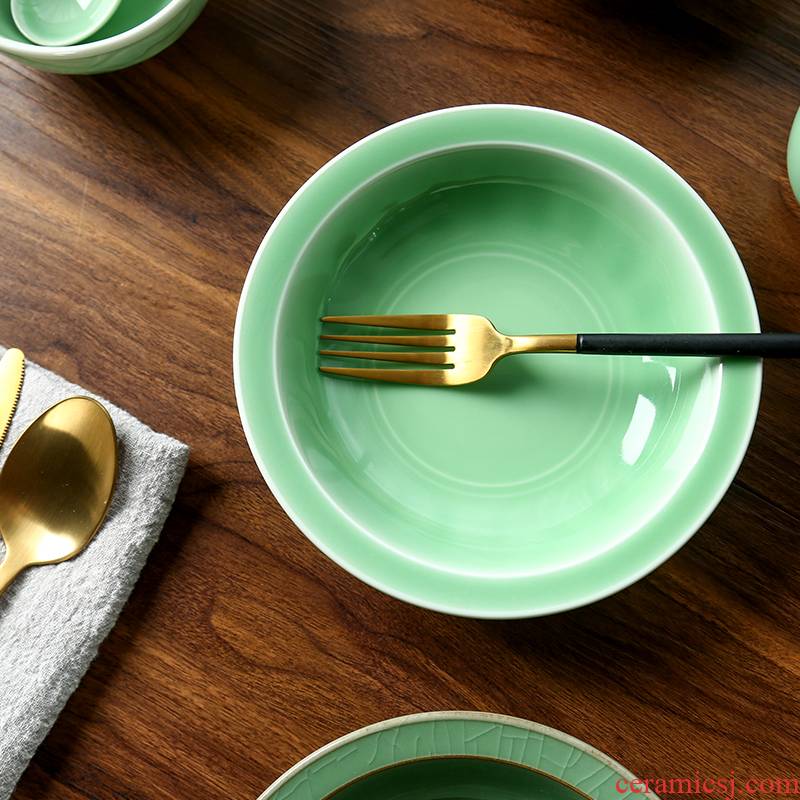 Longquan celadon plate creative archaize lotus carp dish household ice crack ceramic tableware plate round soup plate
