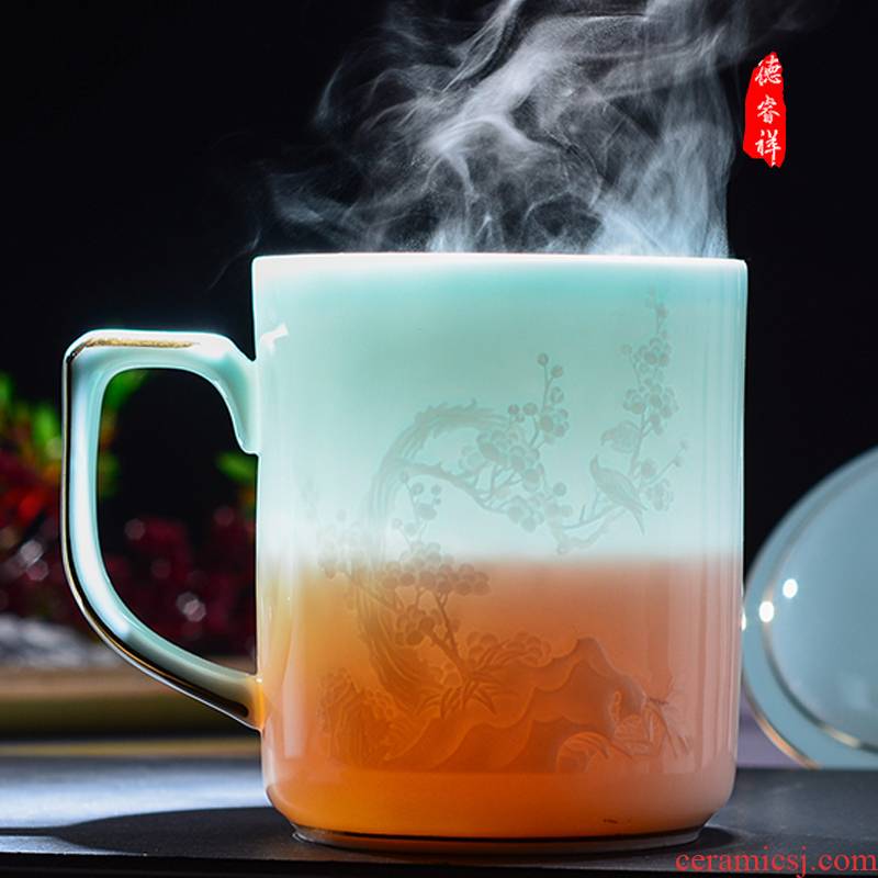 Jingdezhen manual shadow green office ceramic cup with cover large capacity and CPU household glass tea cup