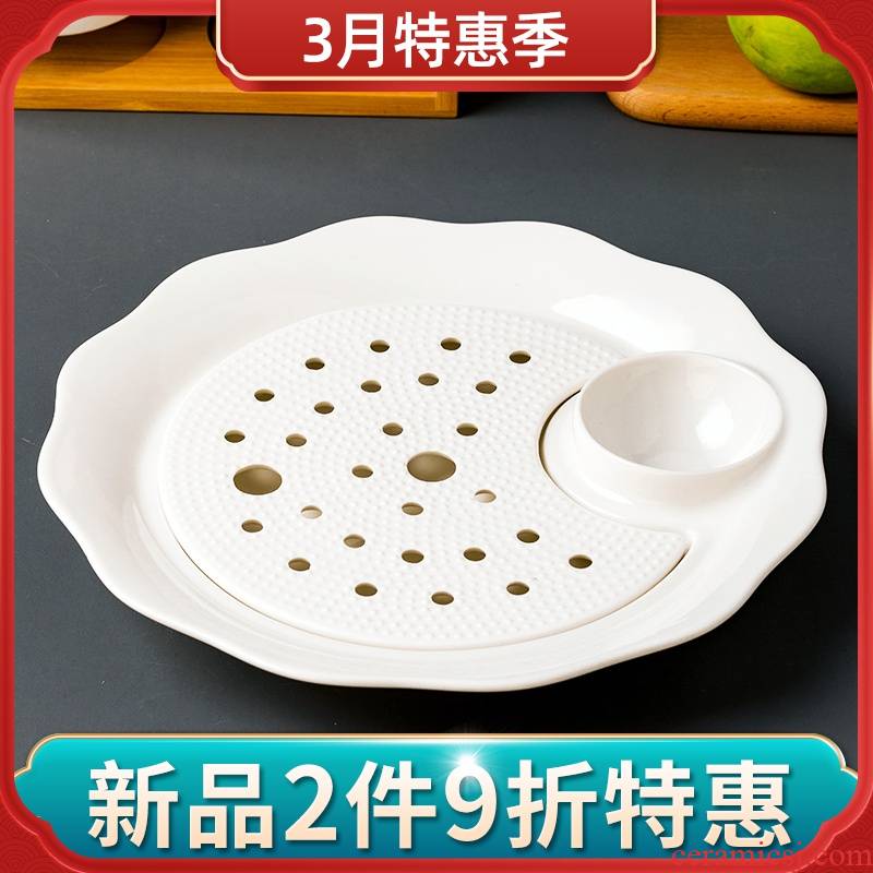 Dumplings disc ceramic double dribble large drop vinegar disc Dumplings plate creative household to eat Dumplings special pure white dish