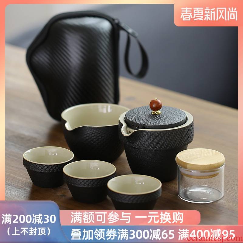 Black pottery travel tea set a pot of three cups of crack portable BaoHu outside office household kung fu teapot trill
