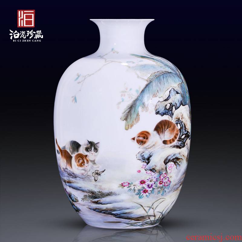 Jingdezhen ceramics hand - made pastel cat and rich ancient frame of Chinese style household decorative vase sitting room collection furnishing articles