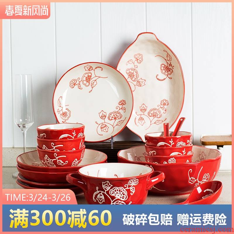 Ceramic tableware household Chinese red creative move job rainbow such as bowl bowl dish dish dish combination dishes suit