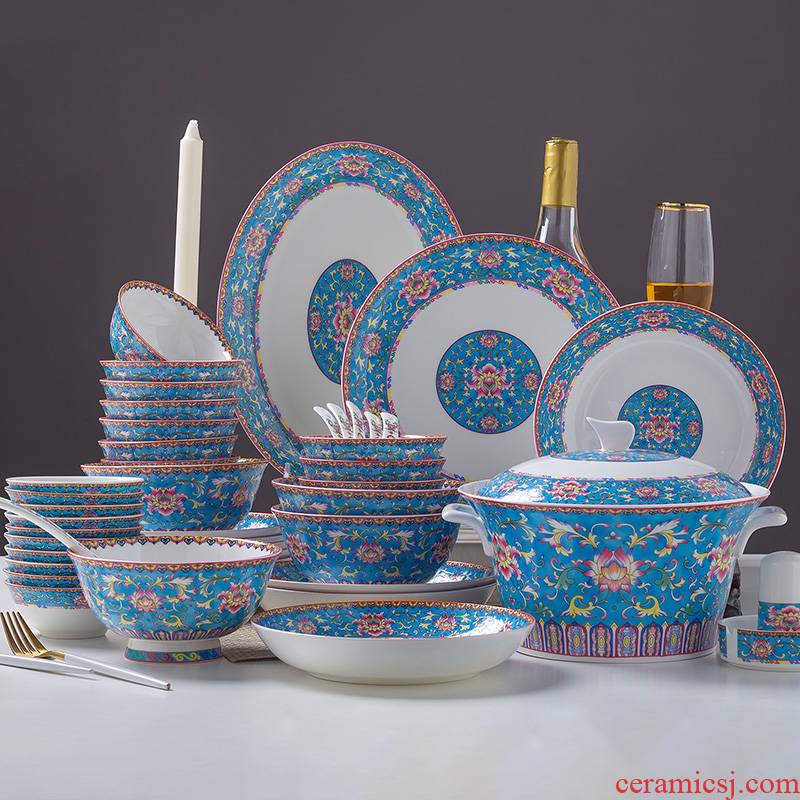 Jingdezhen Chinese style of the ancients colored enamel tableware suit kitchen bowl suit household ipads China to eat rice bowl dish combination