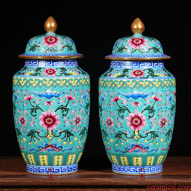 Jingdezhen floret bottle furnishing articles antique hand - made ceramic enamel pastel colored green lotus flower gift porcelain decoration
