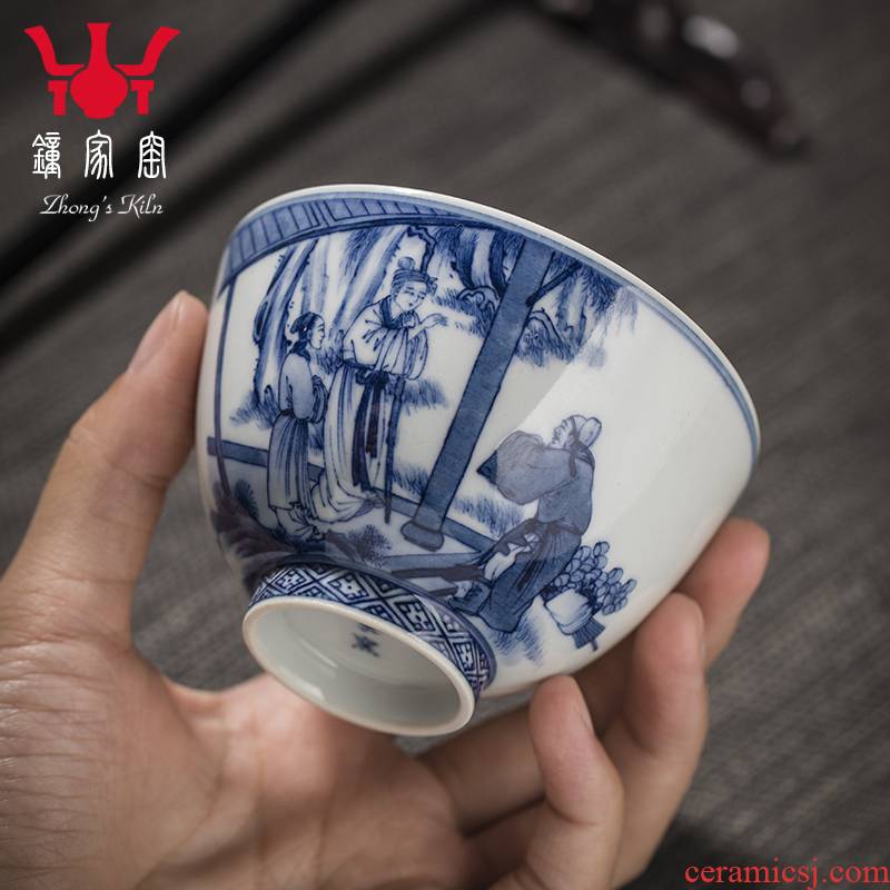 Jingdezhen blue and white hand - drawn characters maintain archaize master cup single CPU full checking ceramic cups kunfu tea cups
