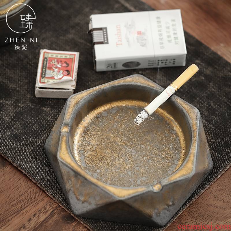 "Gold ceramic mud ashtray creative home sitting room retro move ashtray coarse pottery office furnishing articles by hand