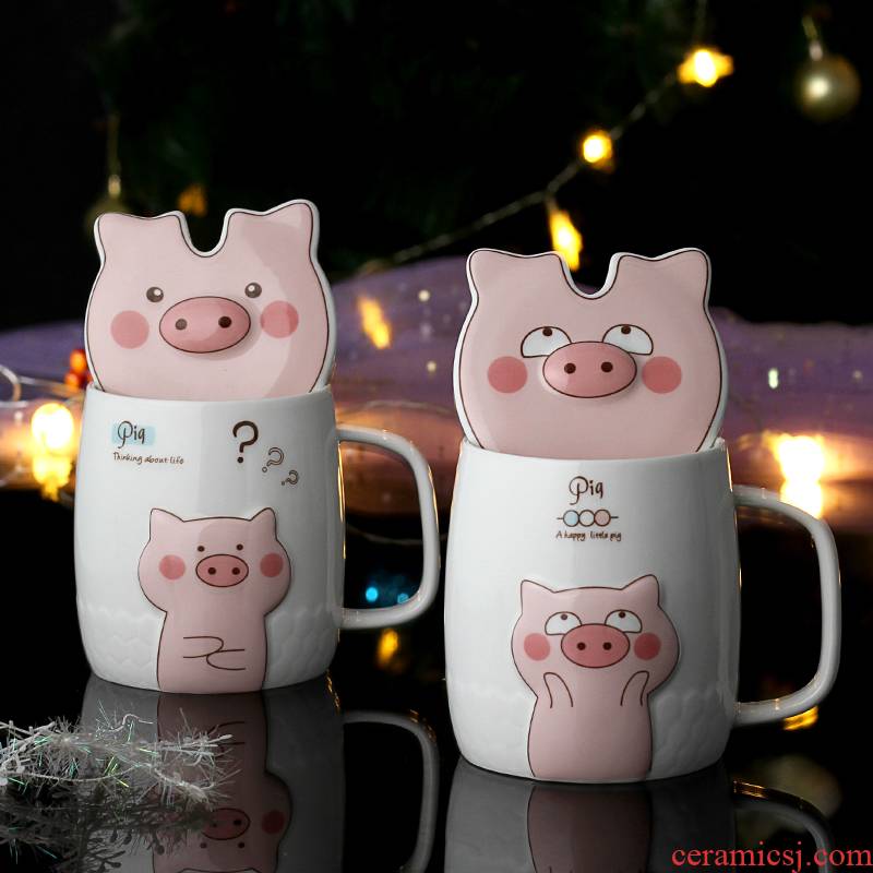 Couples cup high - capacity creative ceramic pig girl, lovely cup keller spoon home coffee cup with cover