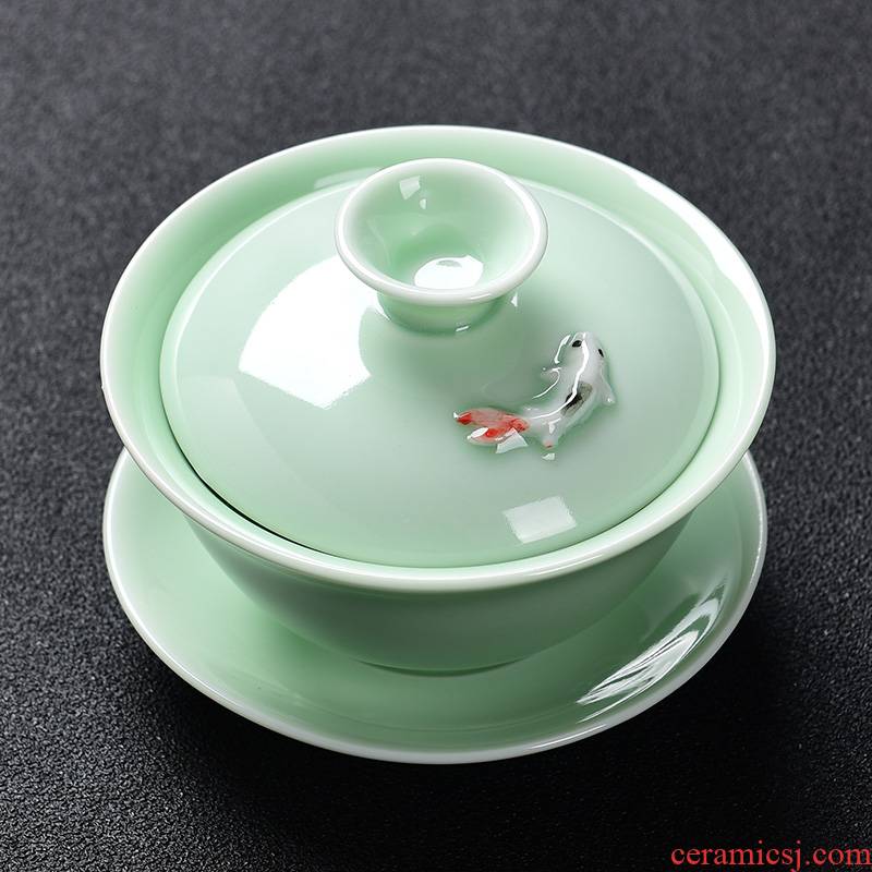 A good laugh, celadon fish tureen ceramic bowl large tea tea bowl three cups to use hand grasp the teapot