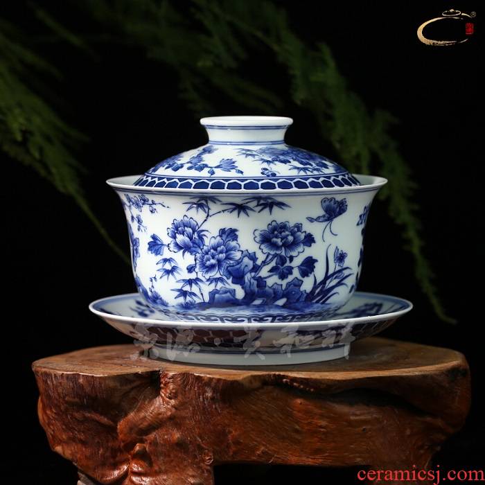 Jing DE and auspicious jingdezhen blue and white tureen grasses and ceramic tea set three cups of the four seasons to hand bowl of tea bowl
