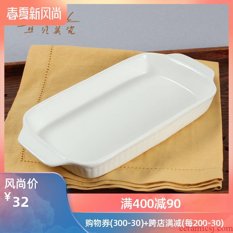 White creative ears rectangle household ceramics western - style cheese paella dish bowl oven microwave baking pan