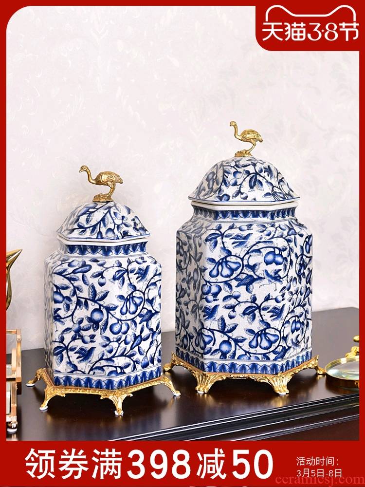 New Chinese style key-2 luxury blue and white porcelain with general copper pot sitting room porch TV ark, sample room adornment is placed