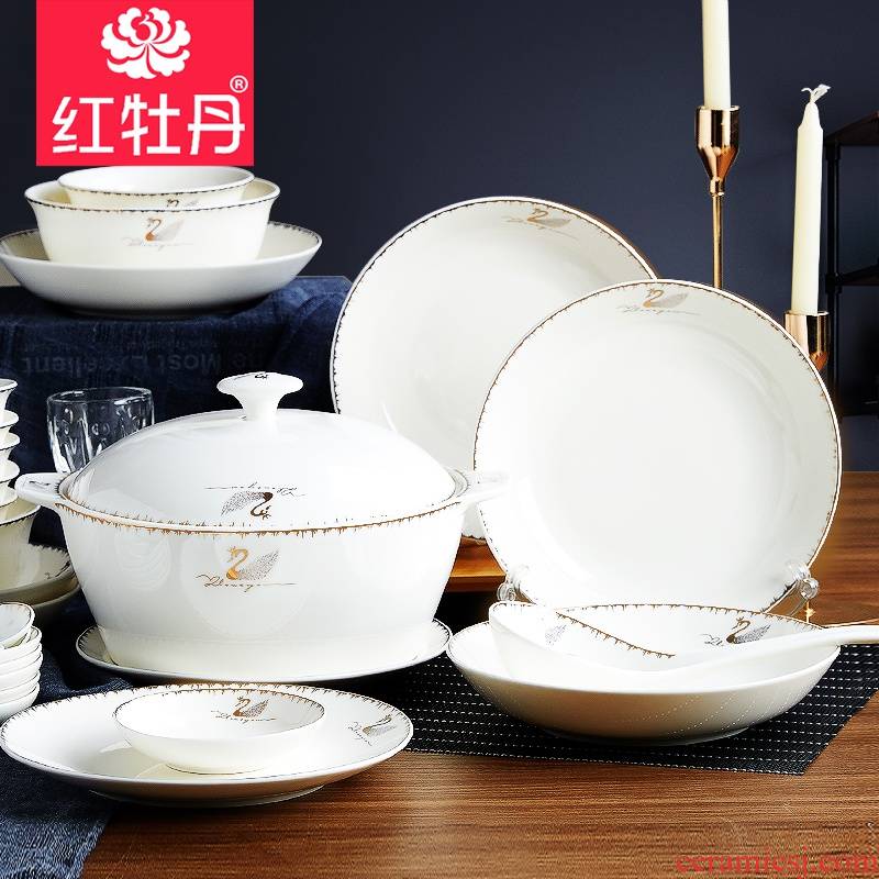 A single large red peony tangshan ceramic tableware dishes dishes soup bowl spoon, chopsticks home diy customize suit creativity