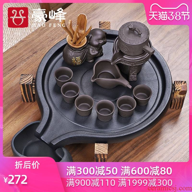 HaoFeng purple sand tea set household kung fu ceramic pot water storage tea tray tea solid wood tea tea table