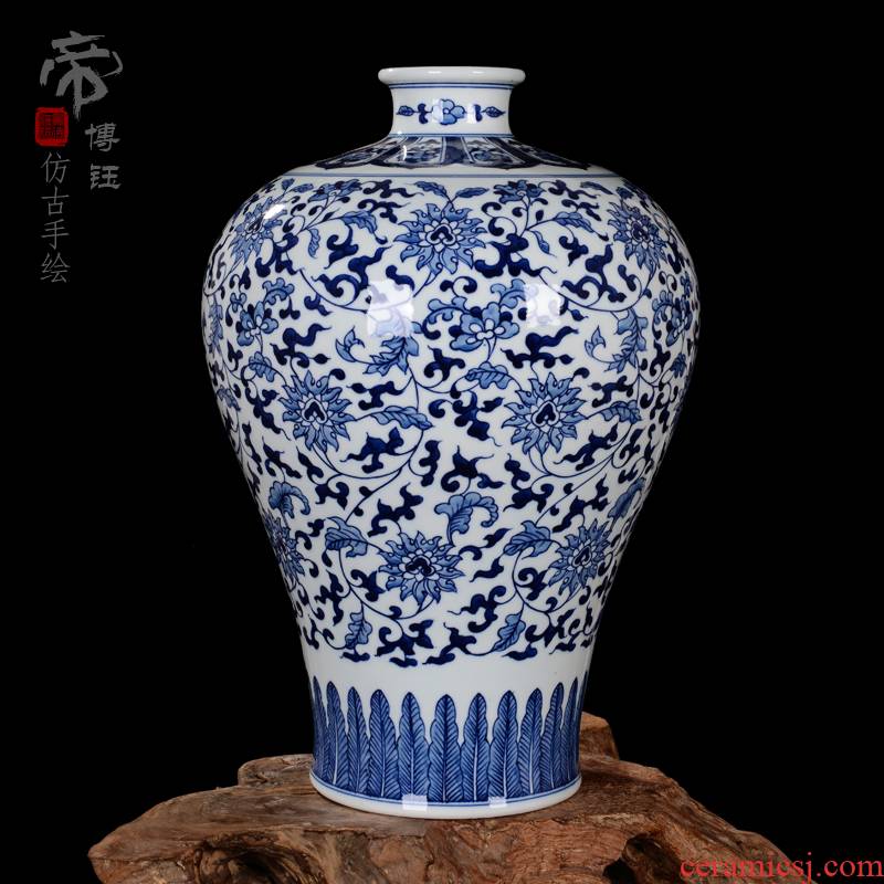 Jingdezhen ceramic vases, high - grade hand - made archaize mei bottle wrapped branch lotus antique collection of blue and white porcelain porcelain furnishing articles