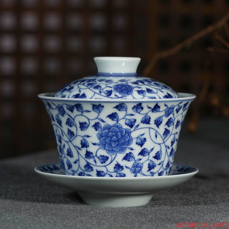 Offered home - cooked three tureen tea only hand - made ceramic cups of blue and white porcelain in jingdezhen porcelain tea tea bowl bowl