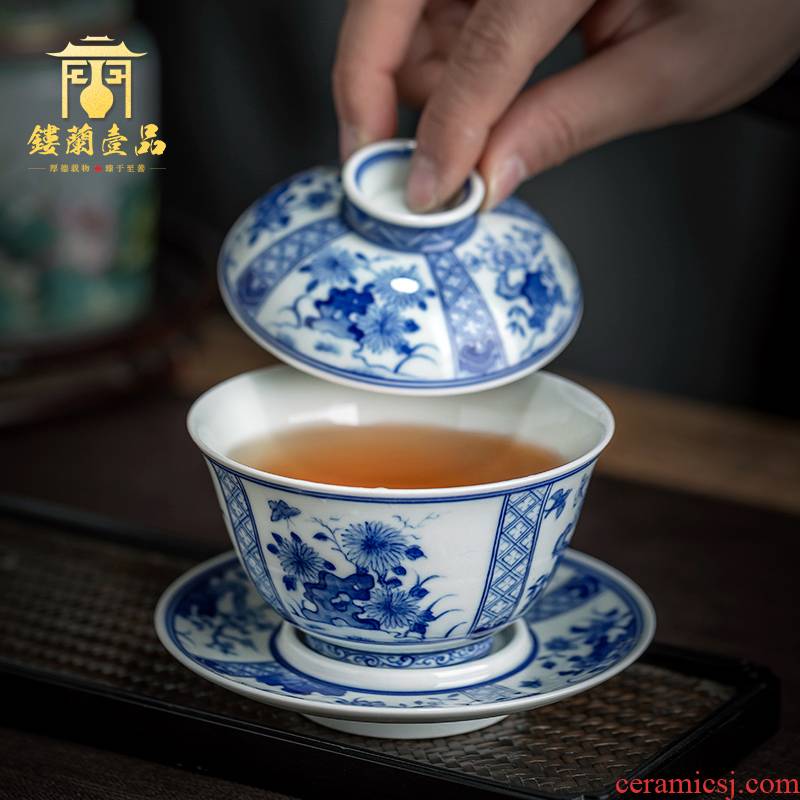Jingdezhen ceramic hand - made maintain all flowers large blue and white only three tureen tea cups kung fu tea set