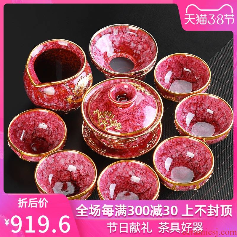 Gold kung fu tea set built lamp of a complete set of up ceramic household contracted tureen cup teapot tea gift box