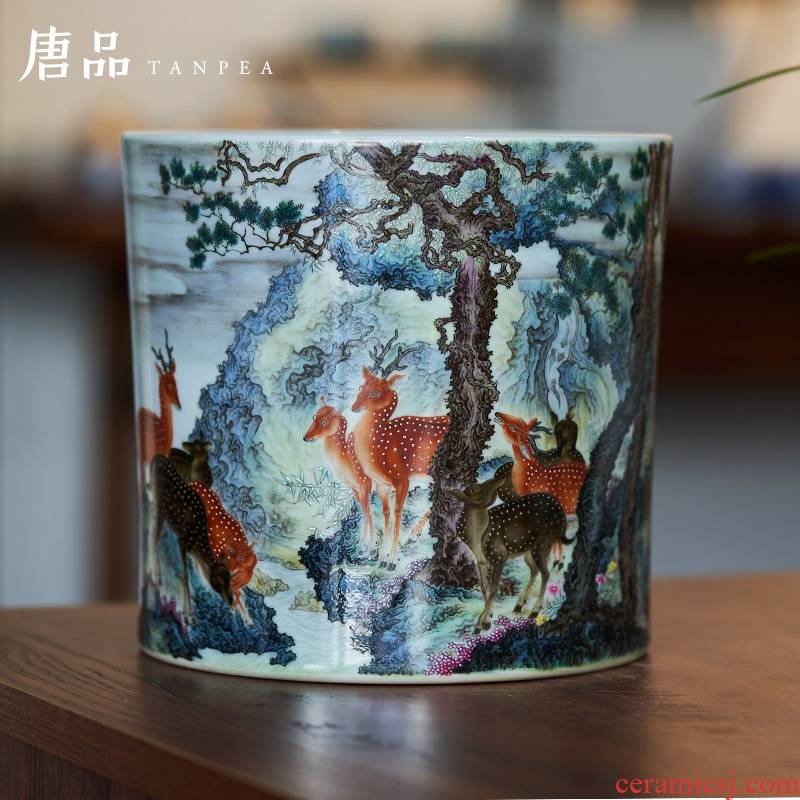 Pastel lulu smoothly brush pot hand made sika deer painting the receive cylinder jingdezhen ceramic tube of archaize scroll furnishing articles
