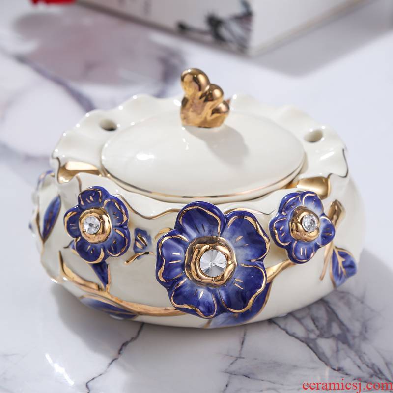 European new royal blue name plum flower series European ceramic ashtray sitting room adornment bedroom with cover the ashtray furnishing articles
