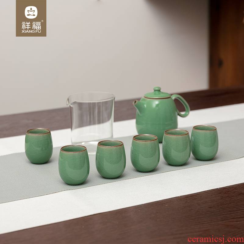 Auspicious blessing kung fu tea set the set of longquan celadon open piece of make tea with elder brother up with Japanese household ice crack can be raised