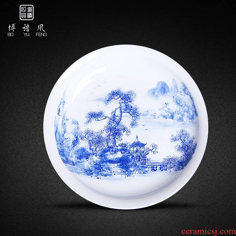 His affection new one product Wang Chenfeng jingdezhen blue and white landscape ceramic plate hand - made heavy fruit tray tables porch decoration